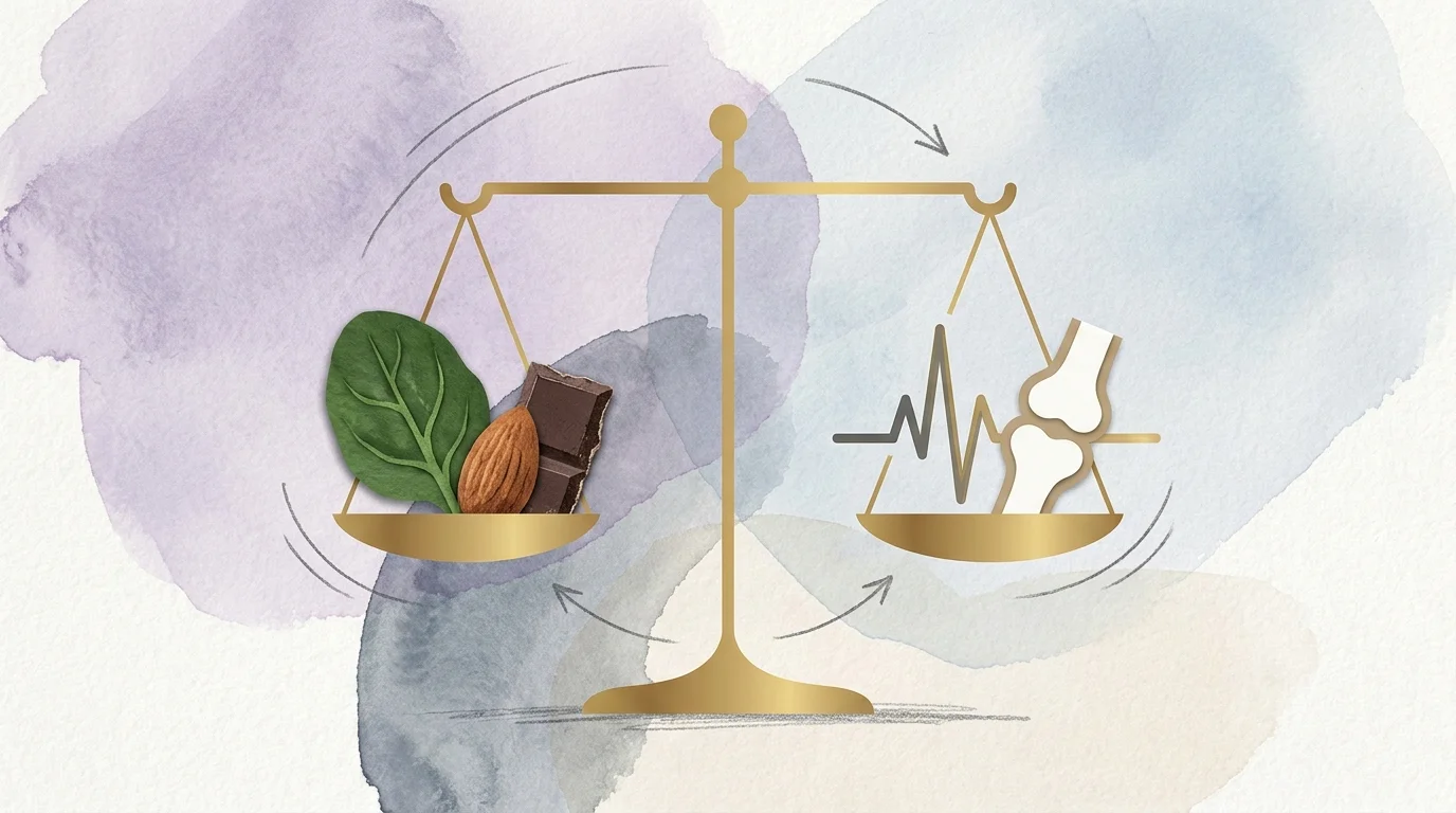 A mixed-media illustration of a scale balancing healthy foods against icons of heart and bone health.
