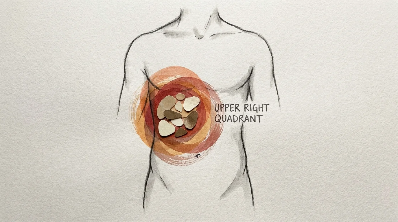 A mixed media piece showing the location of liver discomfort through layered orange circles and paper textures on a torso sketch.