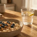 A nutritious breakfast of oatmeal with blueberries and walnuts on a sunlit wooden table next to a glass of lemon water.