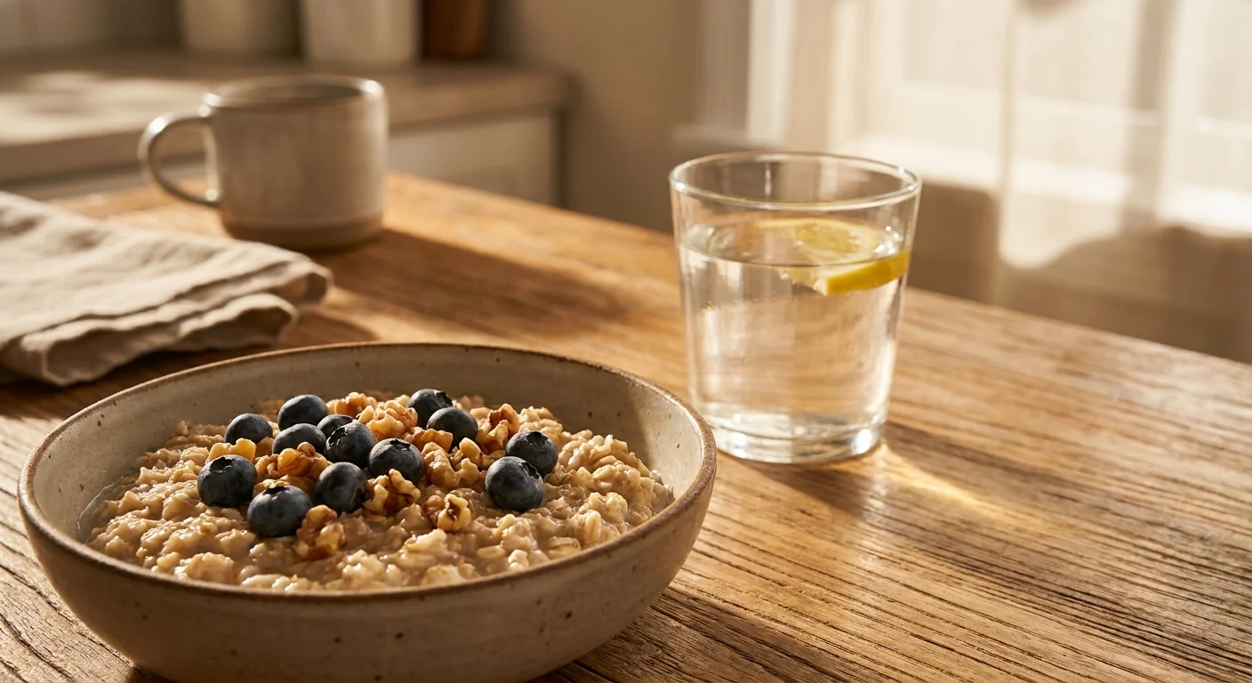 A nutritious breakfast of oatmeal with blueberries and walnuts on a sunlit wooden table next to a glass of lemon water.