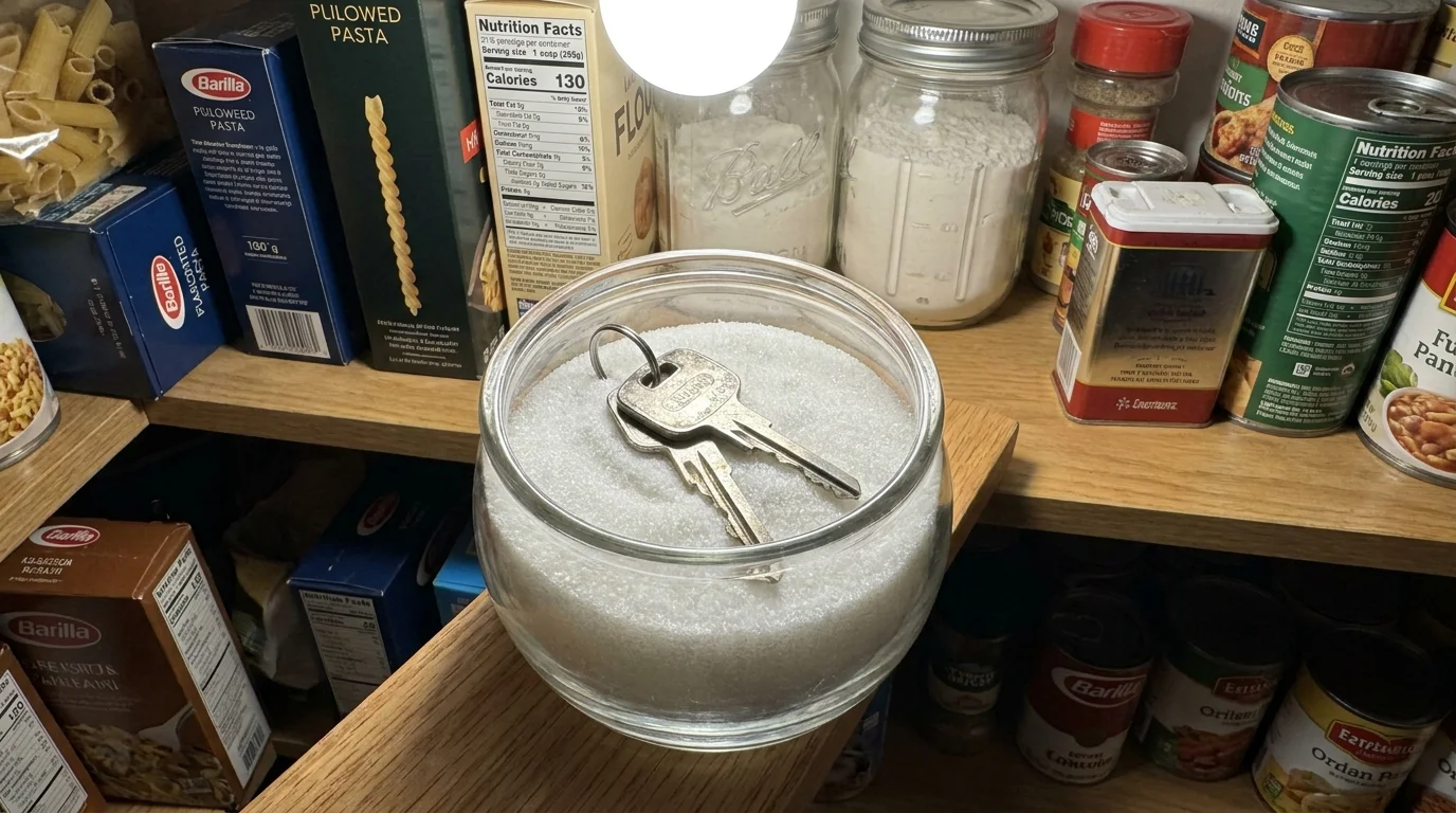 A pair of car keys sitting inside a sugar bowl in a kitchen pantry, representing items placed in unusual locations.