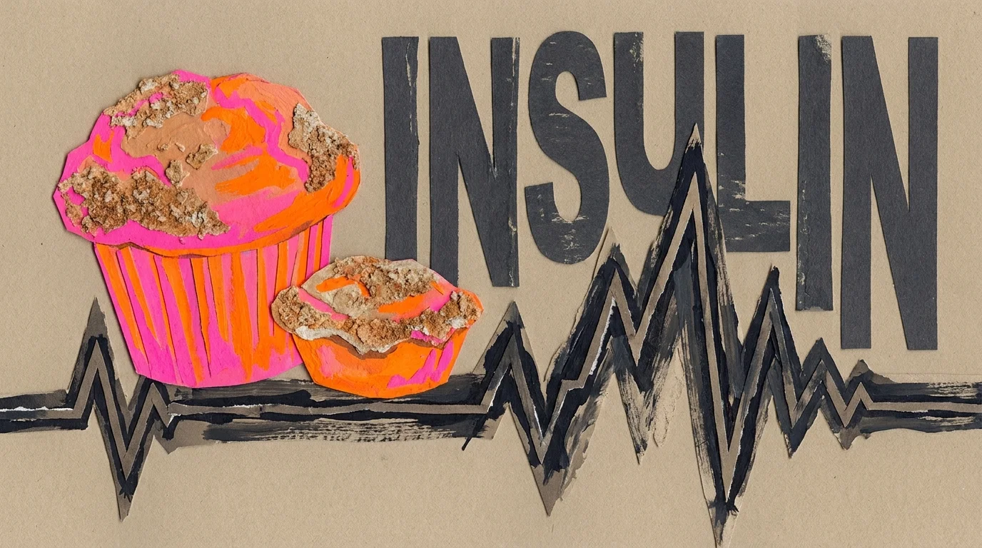 A paper-cut art piece of a bright muffin over a jagged line graph representing a dangerous blood sugar spike.