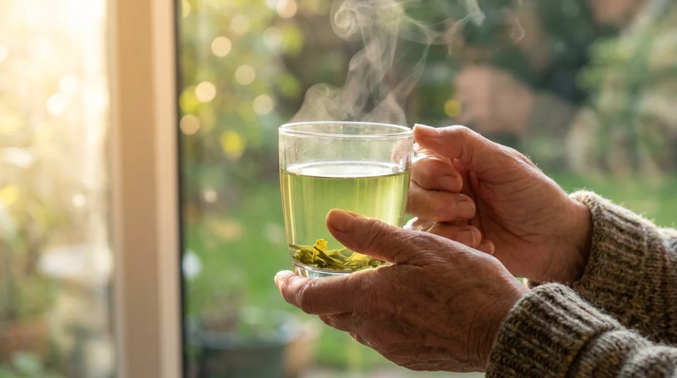 A person holding a steaming glass mug of green tea with a garden in the background.