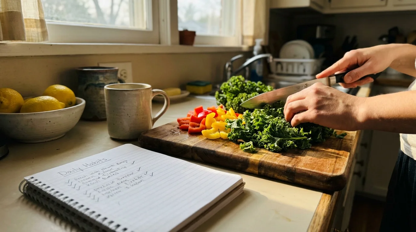 A person prepares healthy vegetables on a cutting board next to a notebook labeled 'Daily Habits'.