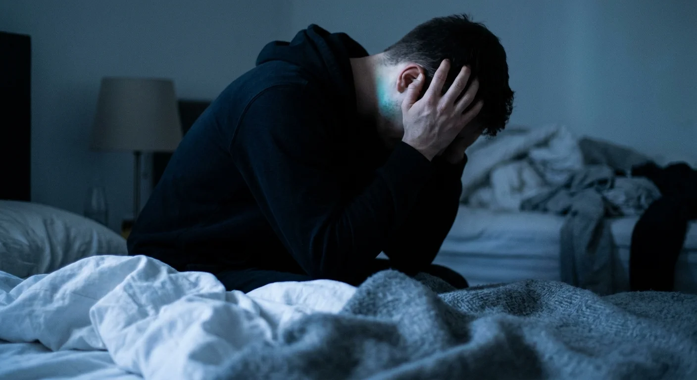 A person sitting on the edge of their bed in the early morning light, holding their head in their hands due to a headache.