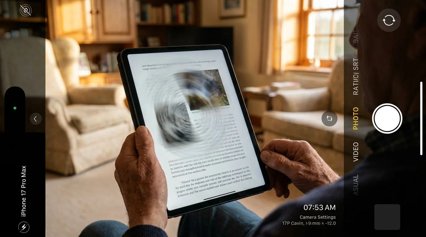 A person's perspective of a screen where the text is blurred or distorted, indicating vision changes.