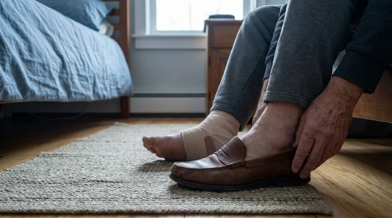 A photo from a person's perspective looking down at their swollen ankles while trying to put on shoes in the morning.
