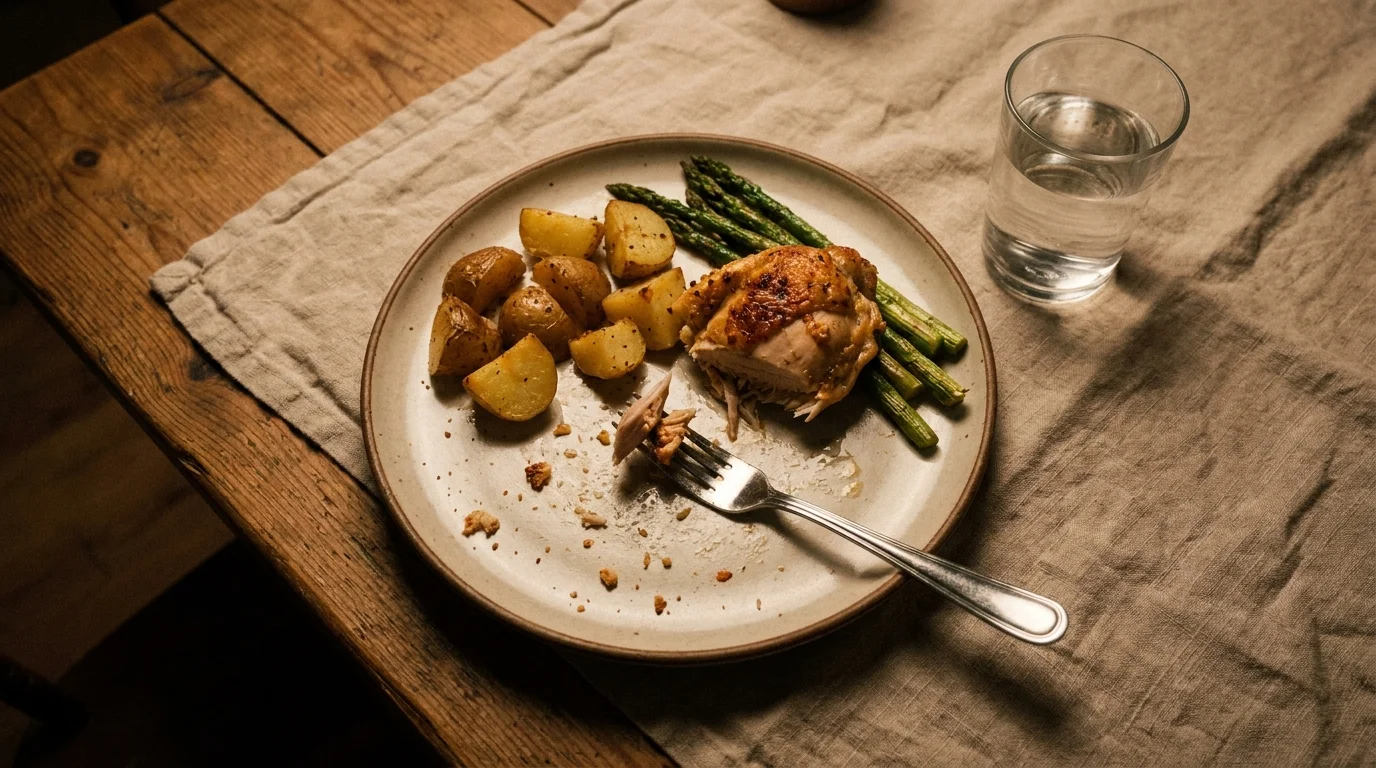 A photograph of a half-eaten meal on a dinner plate, illustrating the symptom of early satiety.