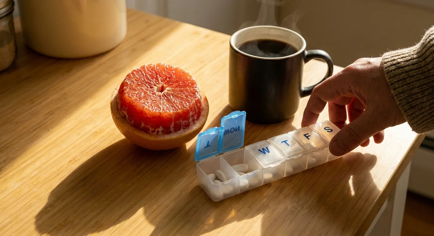 A pill organizer next to a grapefruit and coffee, representing the importance of correct medication timing at breakfast.