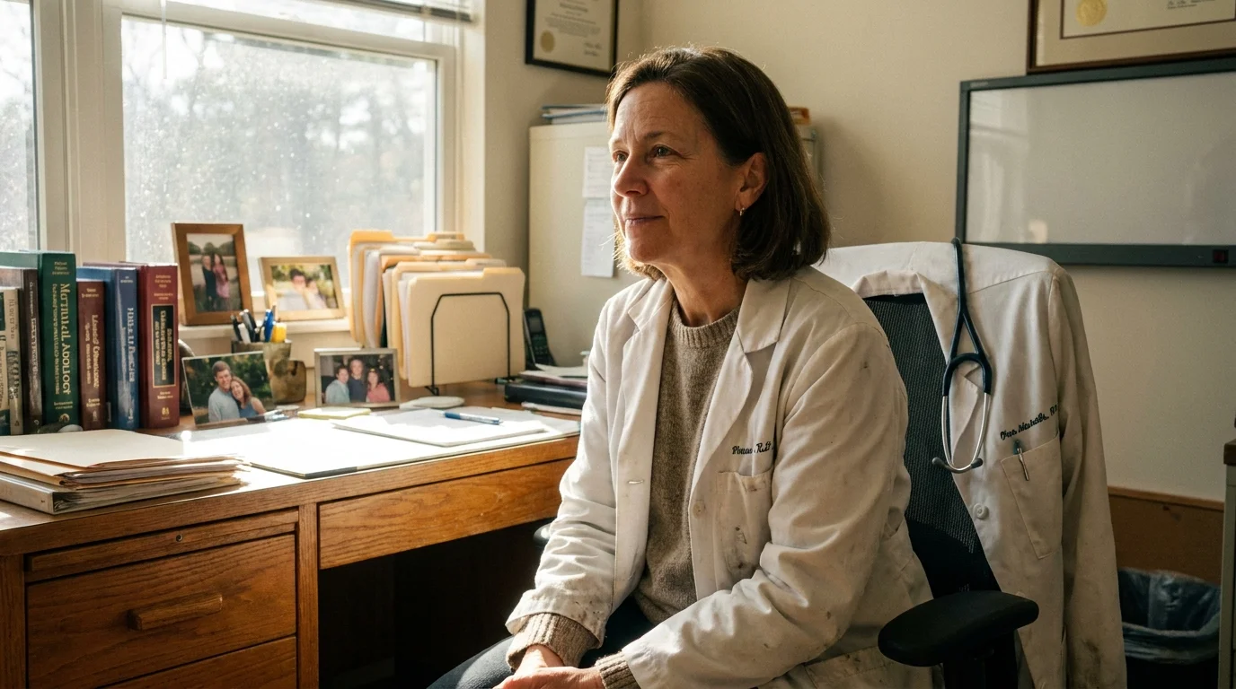 A portrait of a doctor in a warm, authentic office setting, listening attentively.