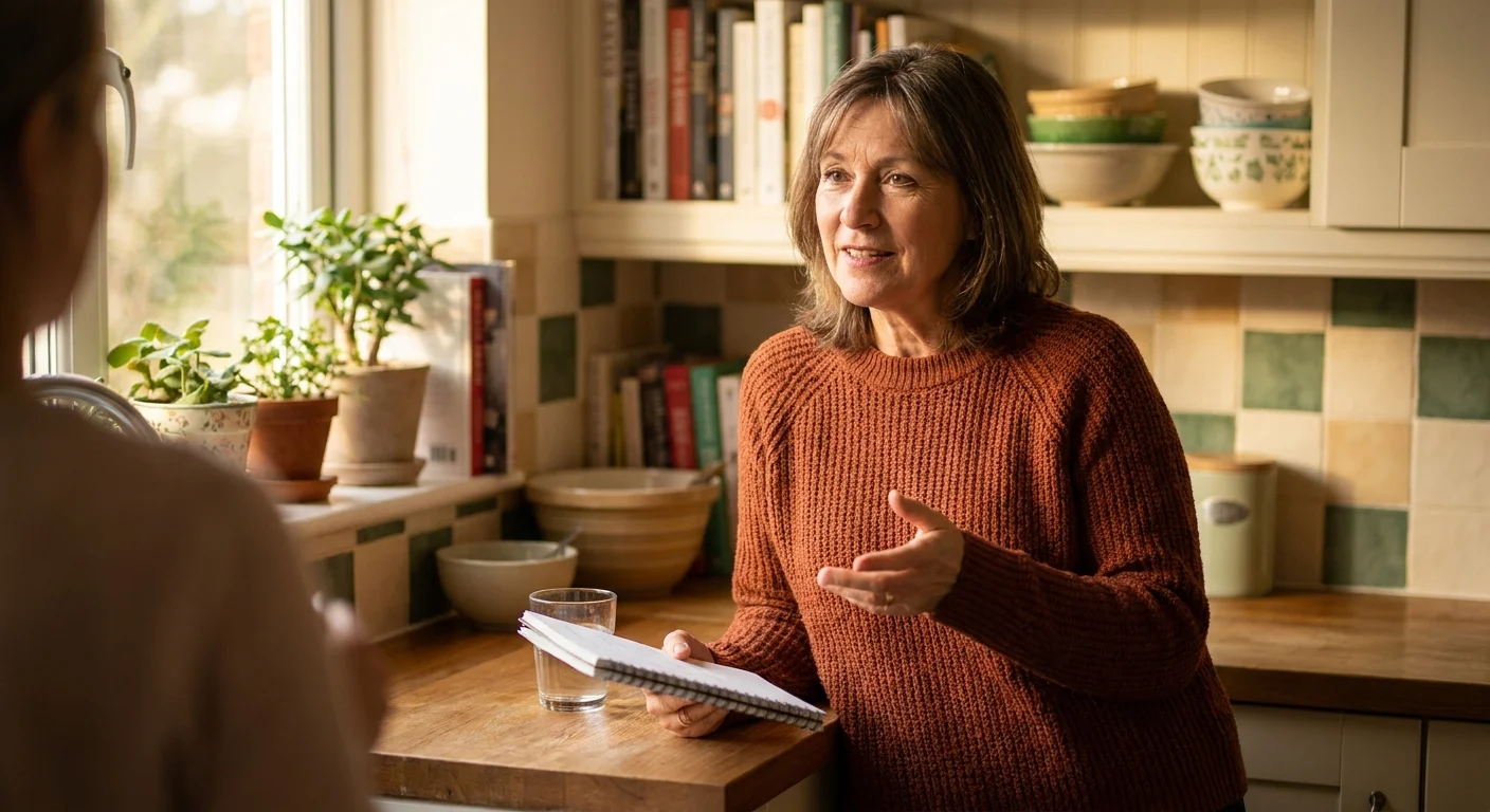 A professional health expert in a warm kitchen setting, representing expert advice on senior nutrition.