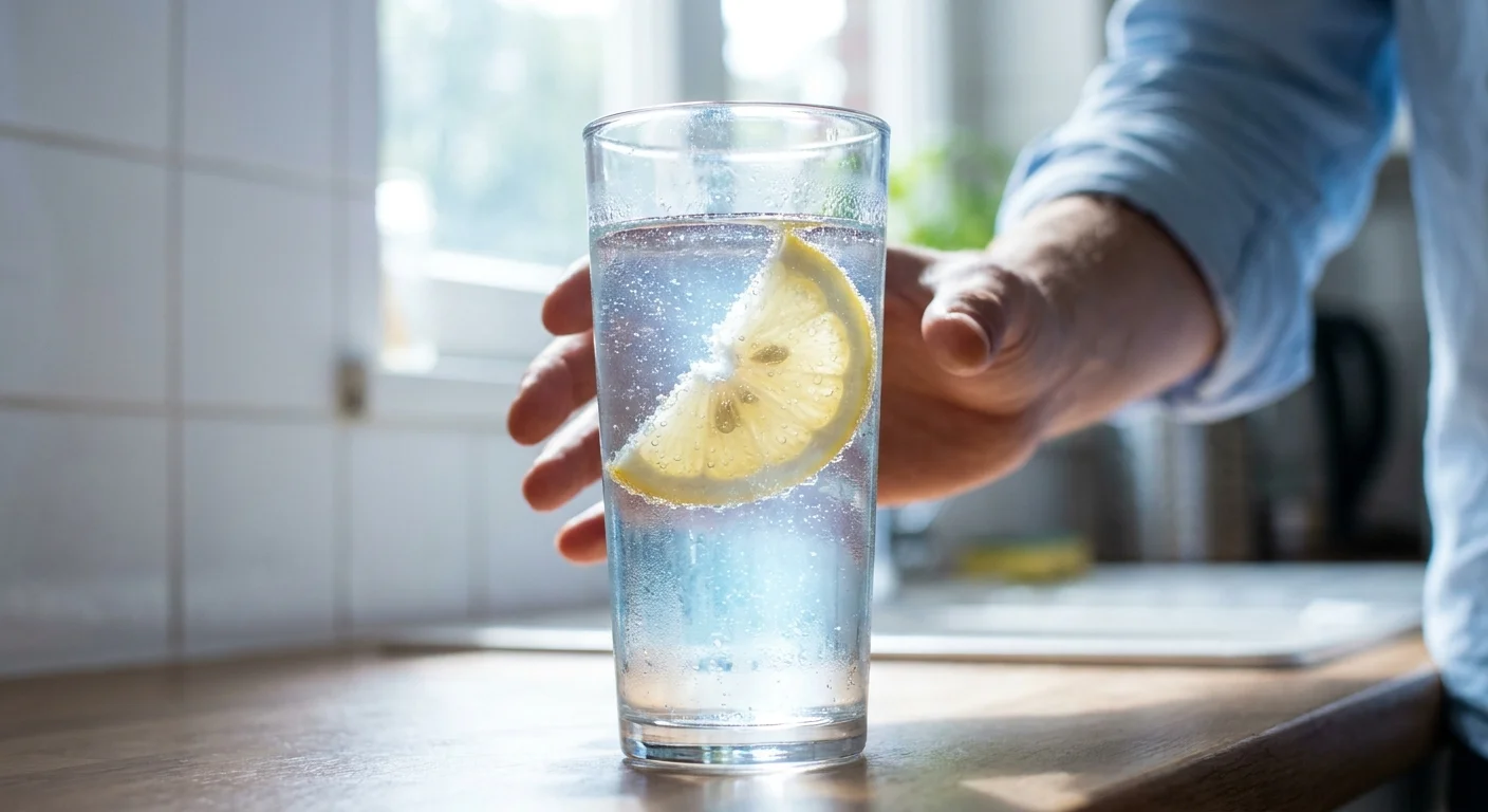A refreshing glass of water with a translucent lemon slice and tiny bubbles.