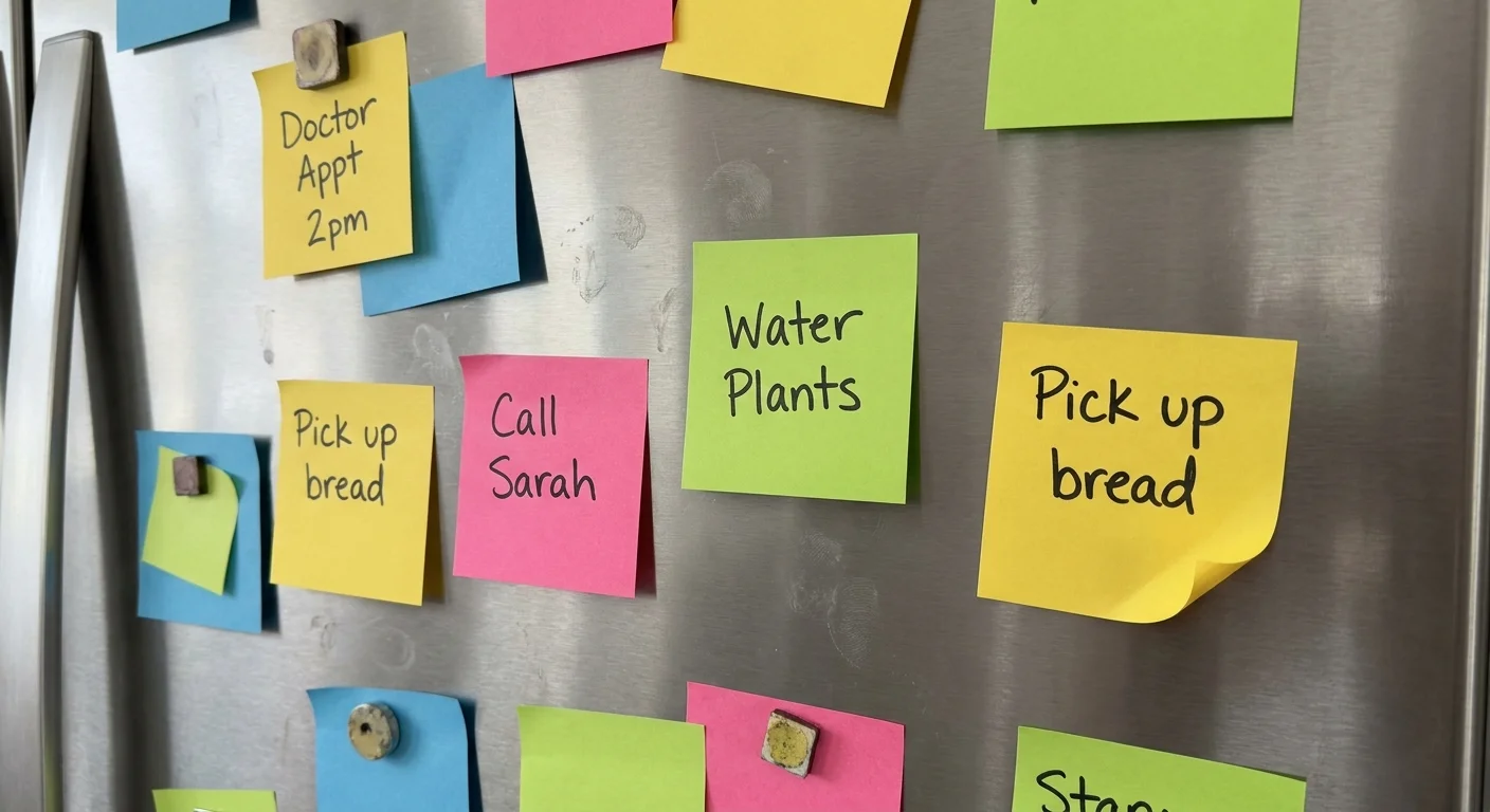 A refrigerator door covered in colorful sticky notes with handwritten reminders for daily tasks and appointments.