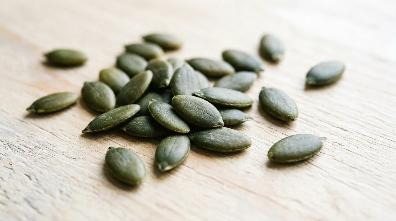 A scattered pile of dark green pumpkin seeds on a light wooden background.