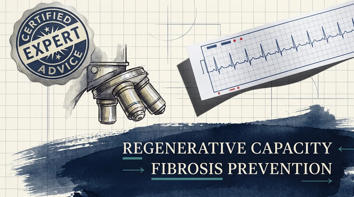 A scholarly mixed media piece with laboratory elements and text about liver regeneration and fibrosis prevention.