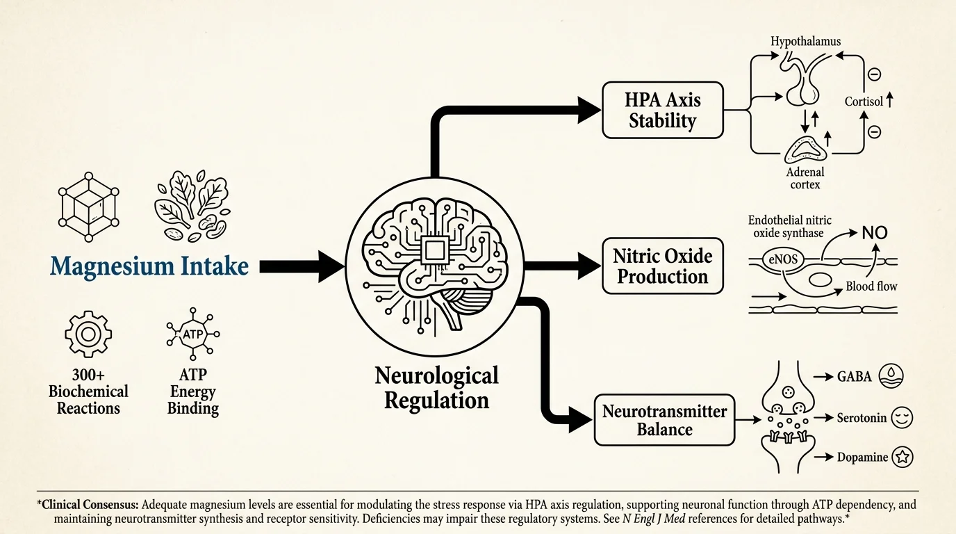 A scientific flowchart detailing how magnesium regulates the HPA axis, nitric oxide, and ATP energy binding.