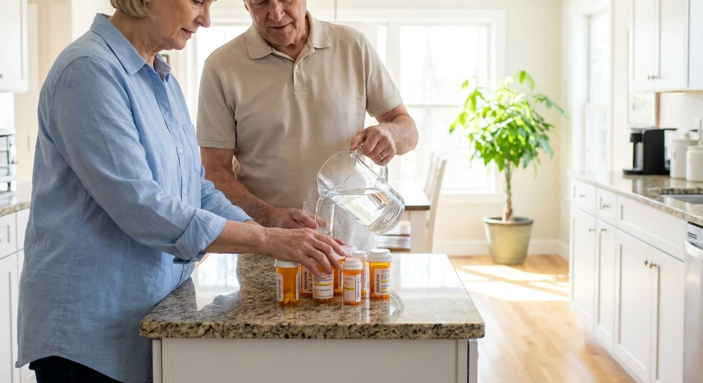 A senior couple in a bright kitchen organizing their daily medications, reflecting proactive health management.