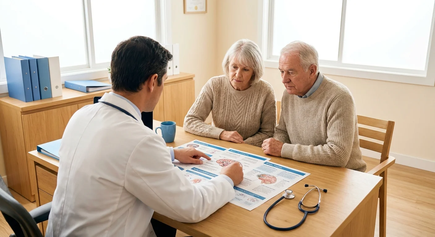 A senior couple listens intently to a doctor during a consultation in a professional medical office.