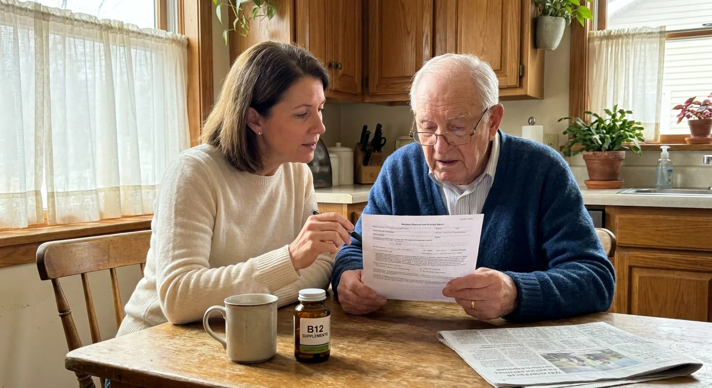 A senior man and his daughter reviewing medical results together at a kitchen table, discussing expert health advice.
