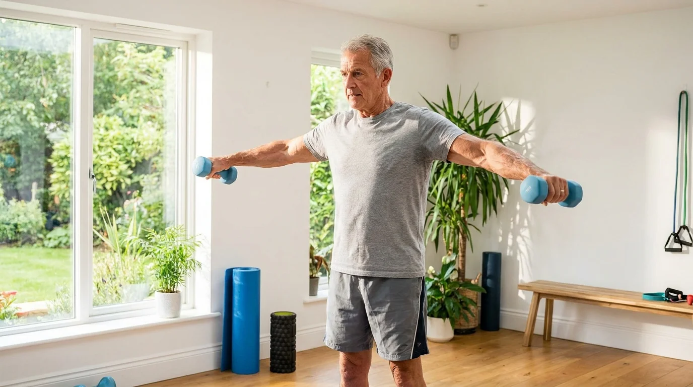 A senior man exercises with light dumbbells in a sunlit room overlooking a garden.