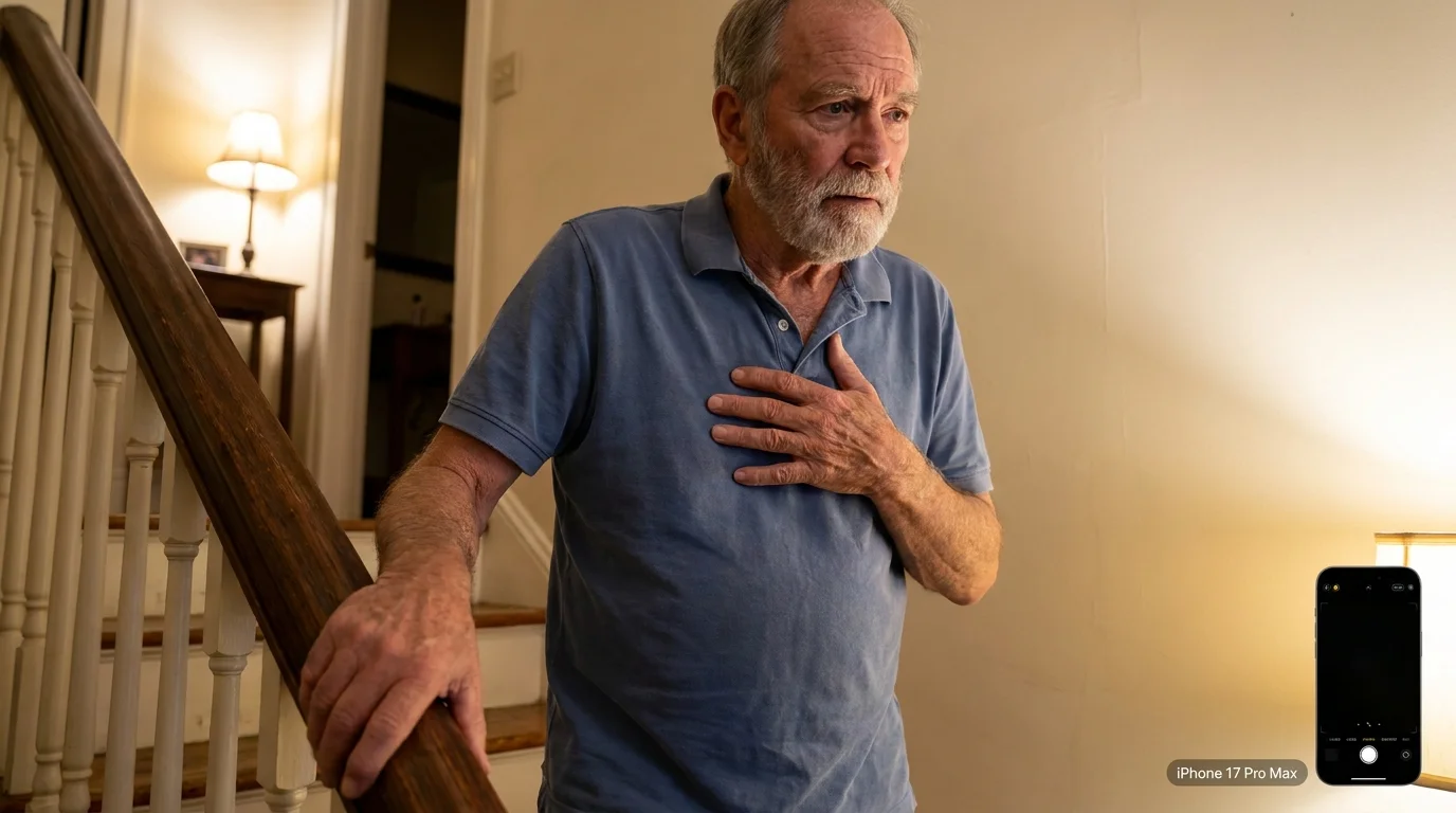A senior man pauses on his stairs, catching his breath during a routine daily activity.