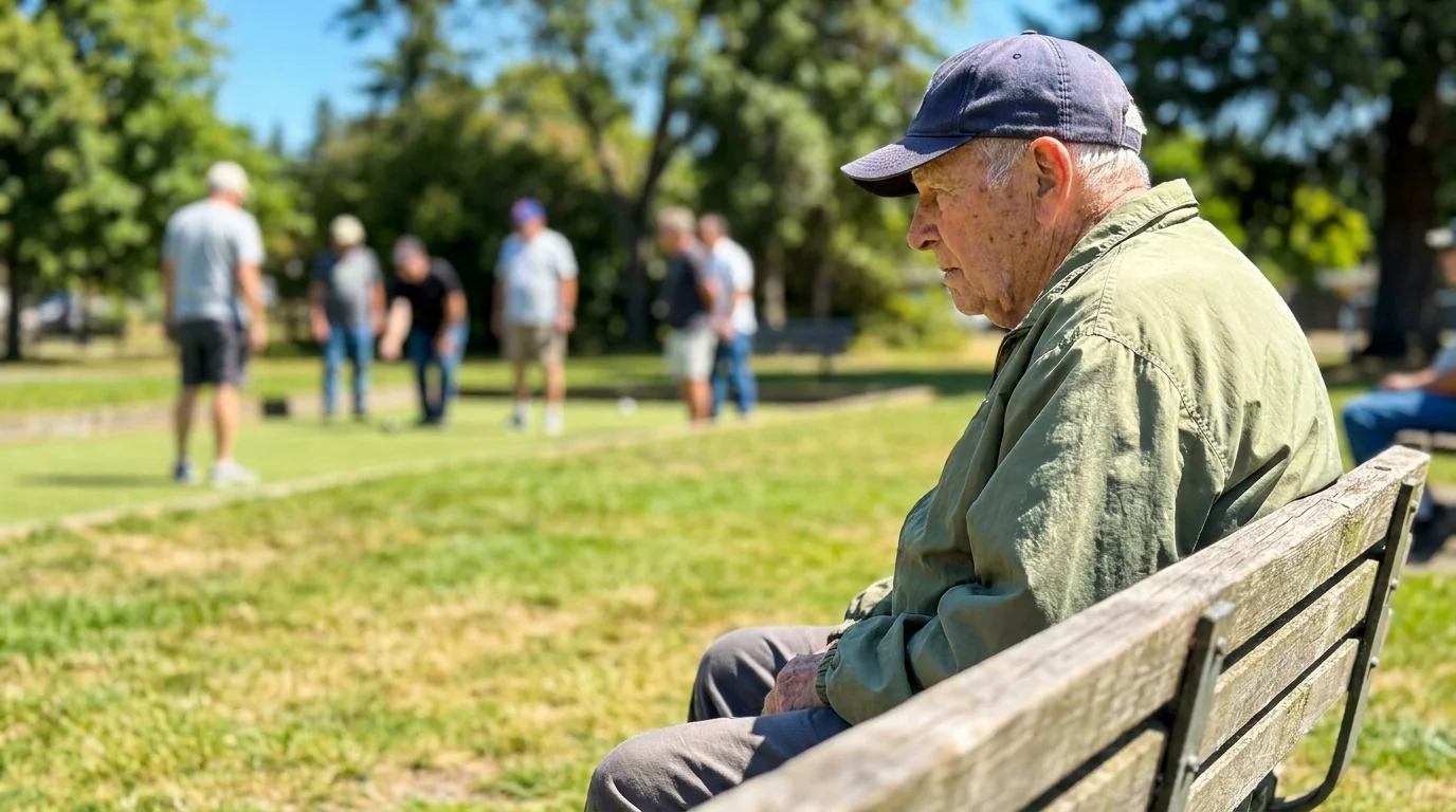 A senior man sits alone on a park bench, distanced from a social group playing a game in the background.