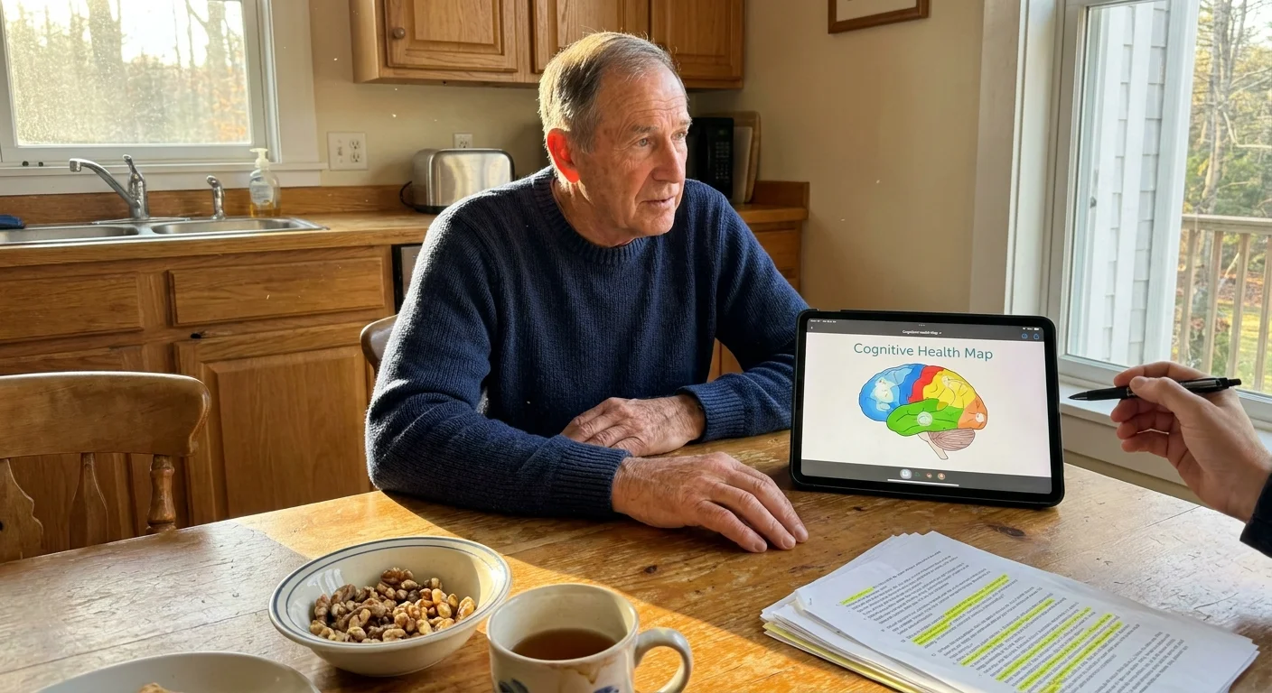 A senior man sitting at a kitchen table discussing brain health with an advisor, showing medical papers and a tablet.