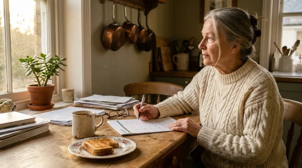 A senior woman in a cozy kitchen looks thoughtfully at a calendar while holding a pen, lit by warm afternoon sunlight.