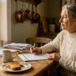 A senior woman in a cozy kitchen looks thoughtfully at a calendar while holding a pen, lit by warm afternoon sunlight.