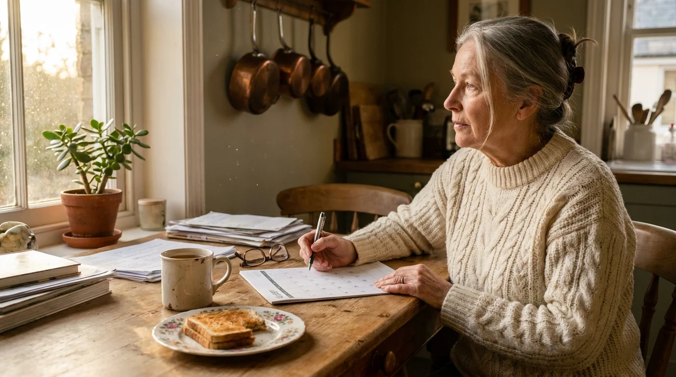 A senior woman in a cozy kitchen looks thoughtfully at a calendar while holding a pen, lit by warm afternoon sunlight.