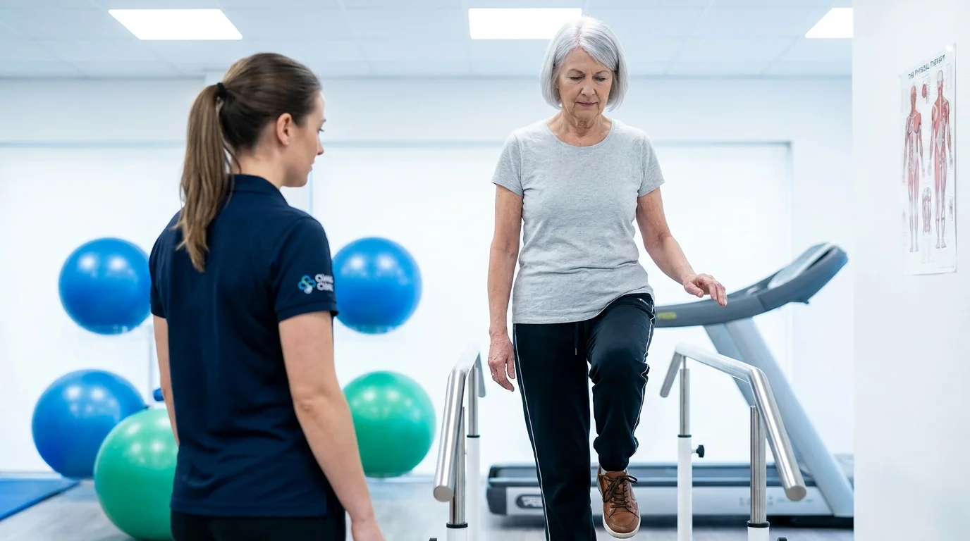 A senior woman performs a balance test under the supervision of a physical therapist in a bright clinic.