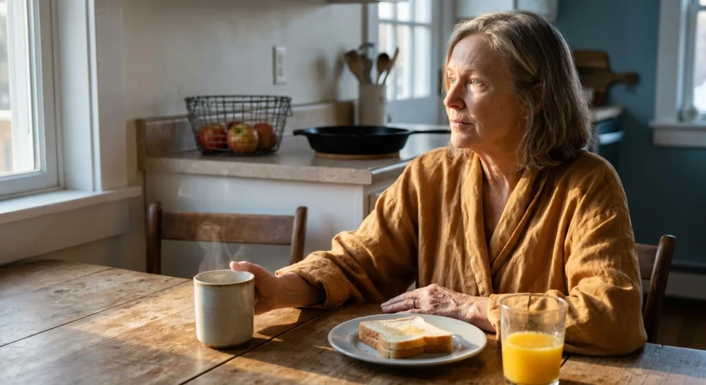 A senior woman sits at a sunlit kitchen table with a simple breakfast of toast and juice, looking thoughtfully out the window.
