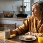 A senior woman sits at a sunlit kitchen table with a simple breakfast of toast and juice, looking thoughtfully out the window.