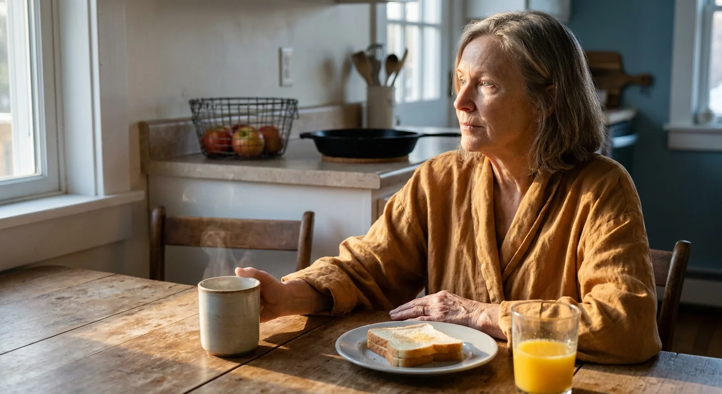 A senior woman sits at a sunlit kitchen table with a simple breakfast of toast and juice, looking thoughtfully out the window.