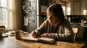 A senior woman sits at her sunlit kitchen table, thoughtfully recording notes in a health journal.