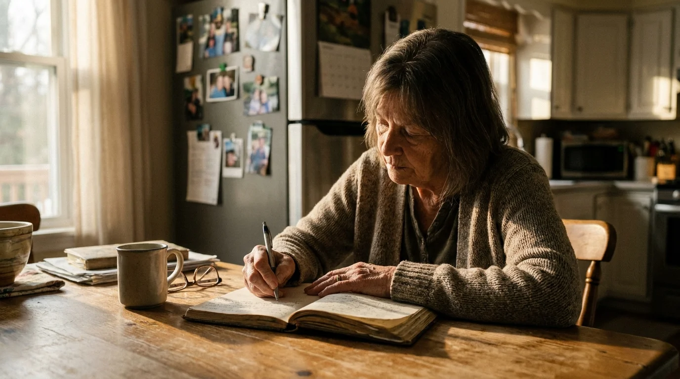 A senior woman sits at her sunlit kitchen table, thoughtfully recording notes in a health journal.