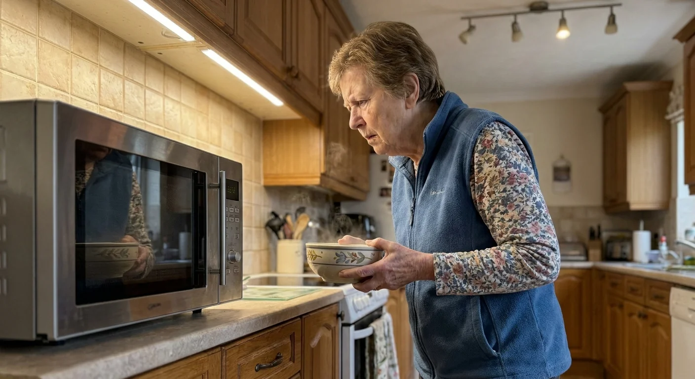 A senior woman stands in her kitchen looking confused while trying to operate a microwave.