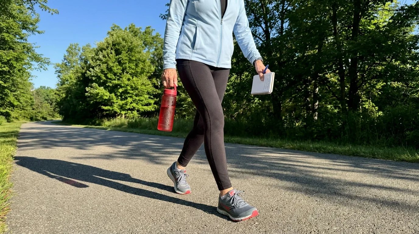 A senior woman walks briskly in a park while holding a water bottle and a notebook for tracking her health.
