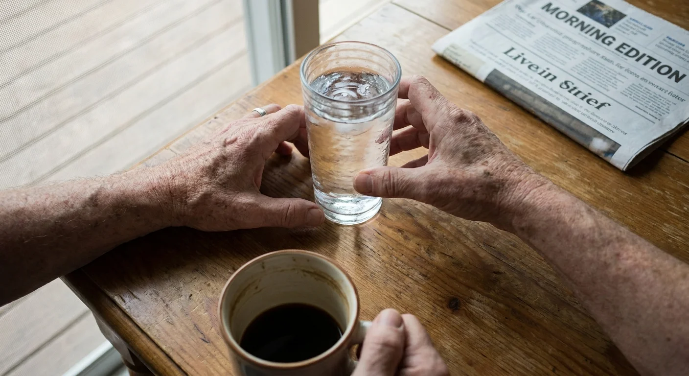 A senior's hand reaches for a glass of water next to a cup of coffee, emphasizing the importance of morning hydration.