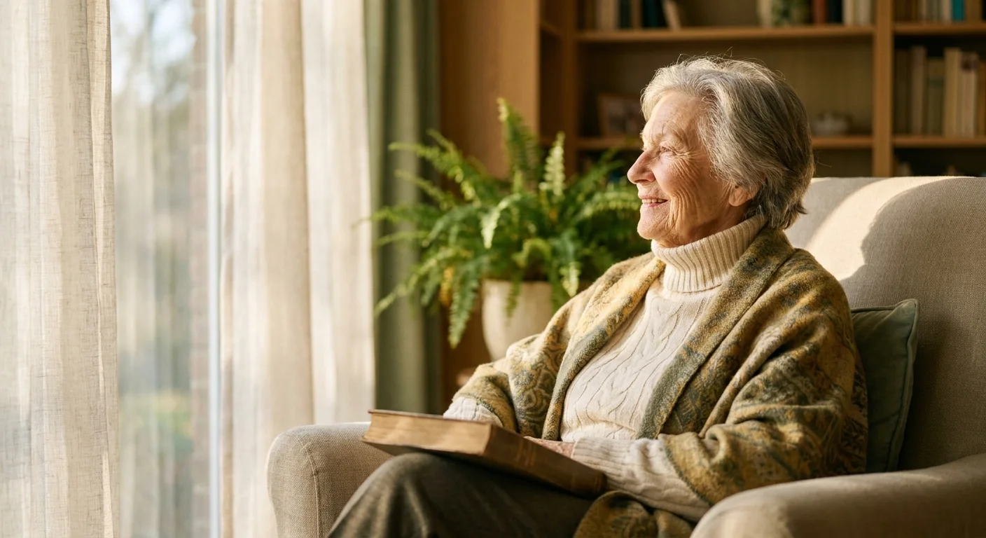 A serene portrait of a senior woman sitting in a sunlit room, reflecting the independence and vitality protected by good health.