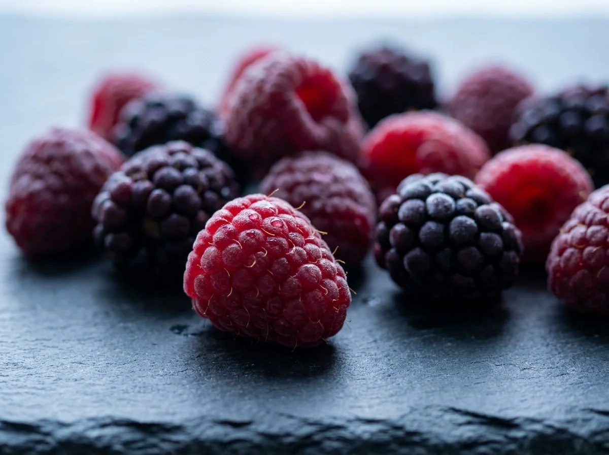 A sharp, close-up view of fresh raspberries and blackberries with tiny droplets of moisture.