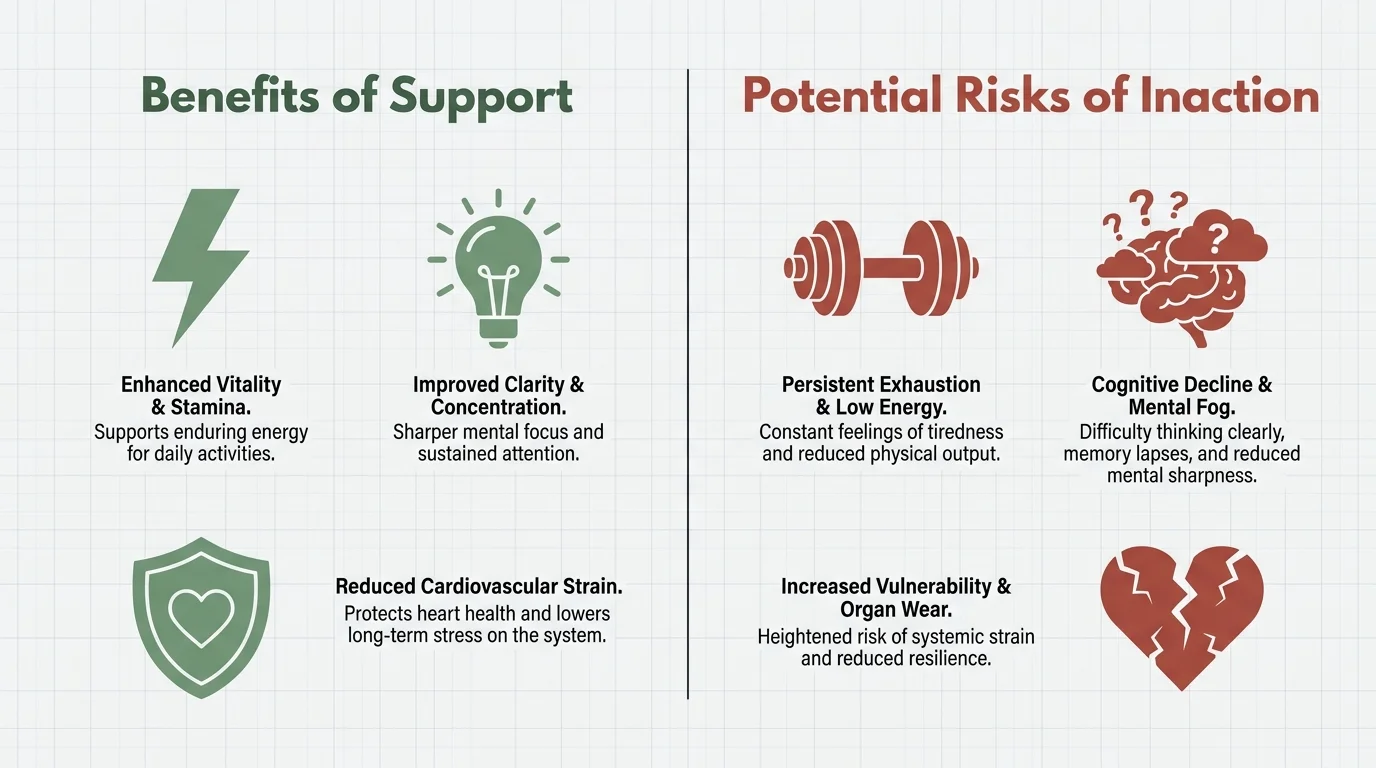 A split-screen infographic comparing the benefits of oxygen support, like energy and focus, against the risks of inaction, like fatigue and 