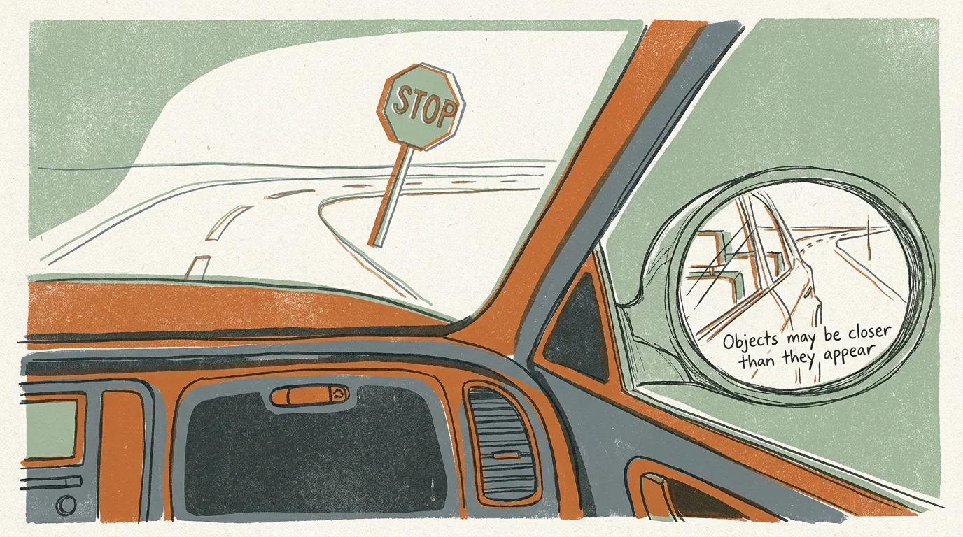 A stylized illustration from a driver's seat showing a distorted and confusing view in the side-view mirror.