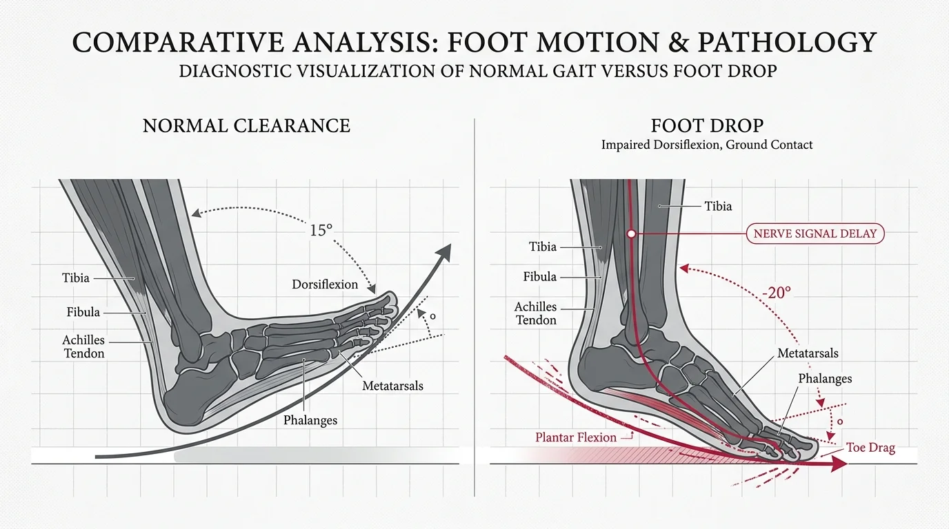 A technical diagram comparing a normal foot stride to 'foot drop' where the toes drag on the ground.
