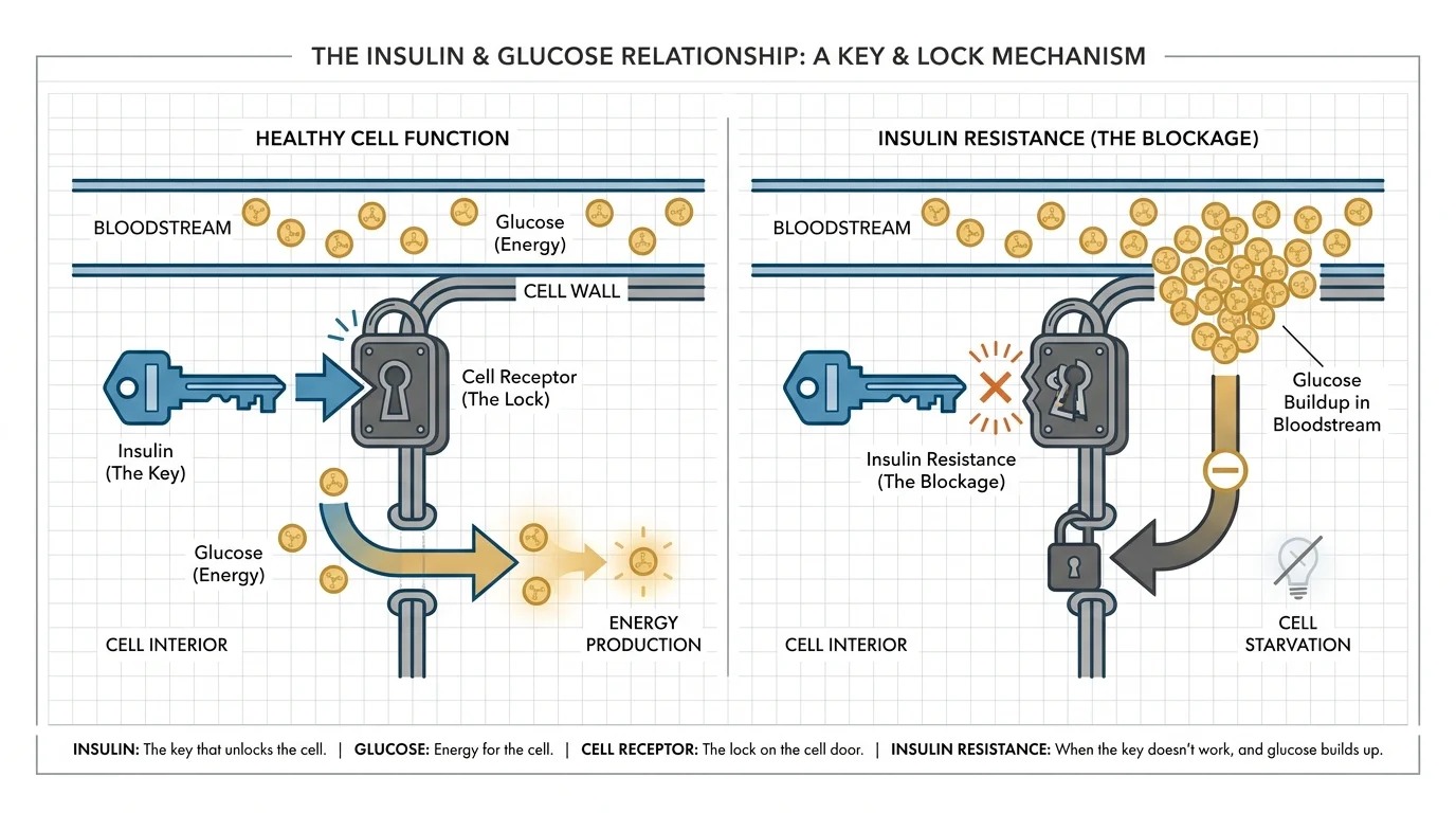 A technical diagram illustrating insulin as a key unlocking a cell to allow glucose energy to enter.
