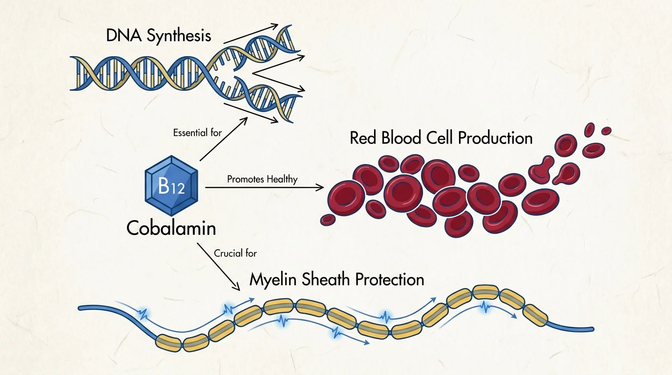 A three-part diagram showing Vitamin B12's role in DNA synthesis, red blood cell production, and myelin sheath maintenance.