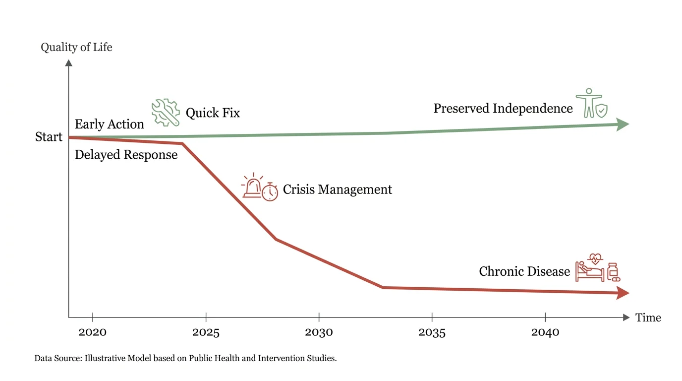 A timeline diagram comparing the outcomes of early medical intervention versus delayed response.
