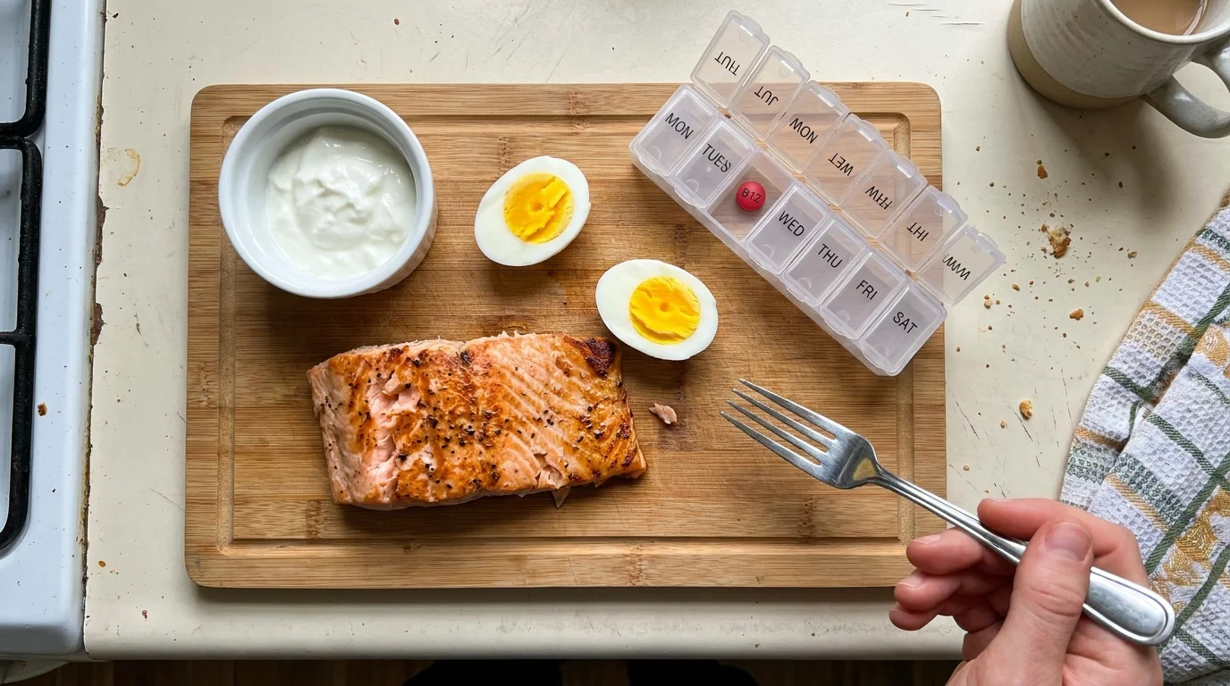 A top-down view of a meal with salmon, eggs, and yogurt next to a B12 supplement, showing practical dietary steps.