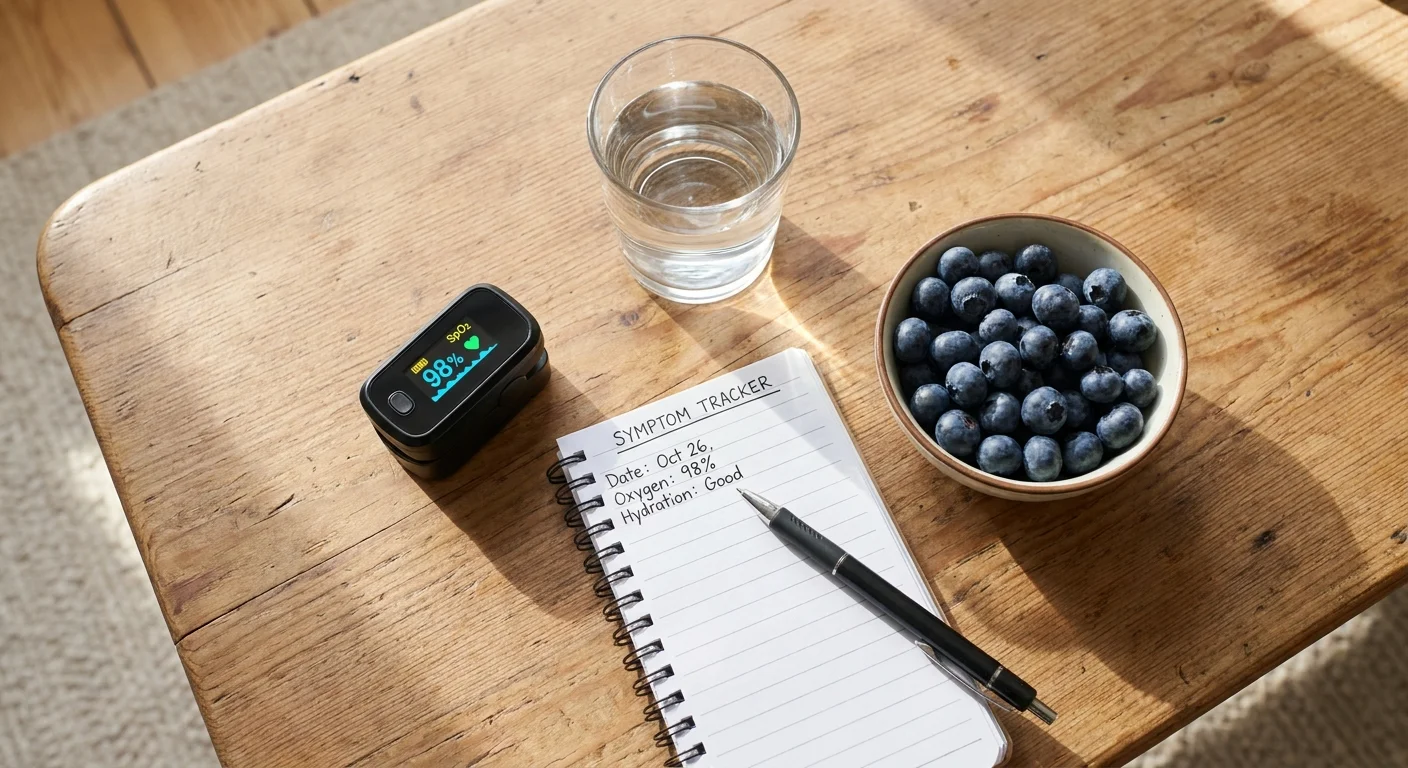 A top-down view of a pulse oximeter, a notepad, a glass of water, and a bowl of berries on a wooden table, representing home health monitori