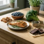 A variety of healthy foods for memory including salmon, blueberries, walnuts, broccoli, and green tea on a wooden kitchen counter.